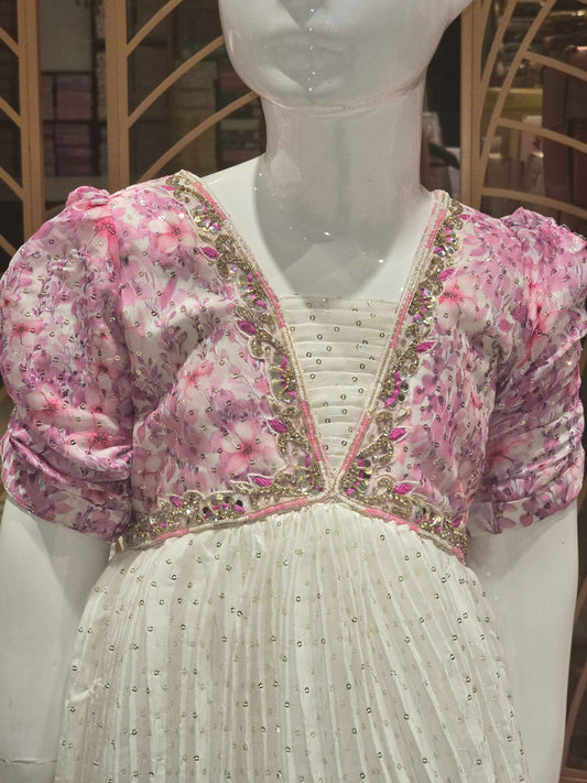 Girl White Pink Printed Sequin Chiffon Gown