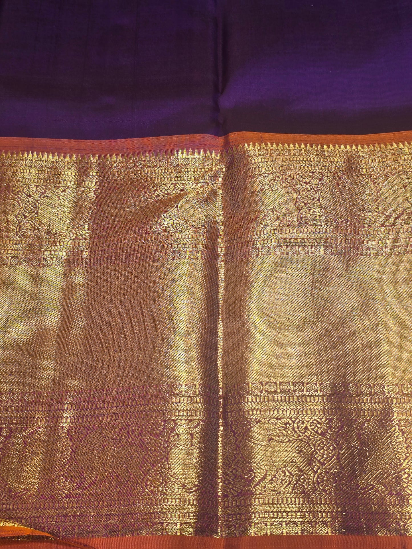 Handloom Pure Kanjivaram Silk in Purple with Contrast Border, Leaf Butta, Rich Pallu & Long Traditional Border – Wedding Wear Saree