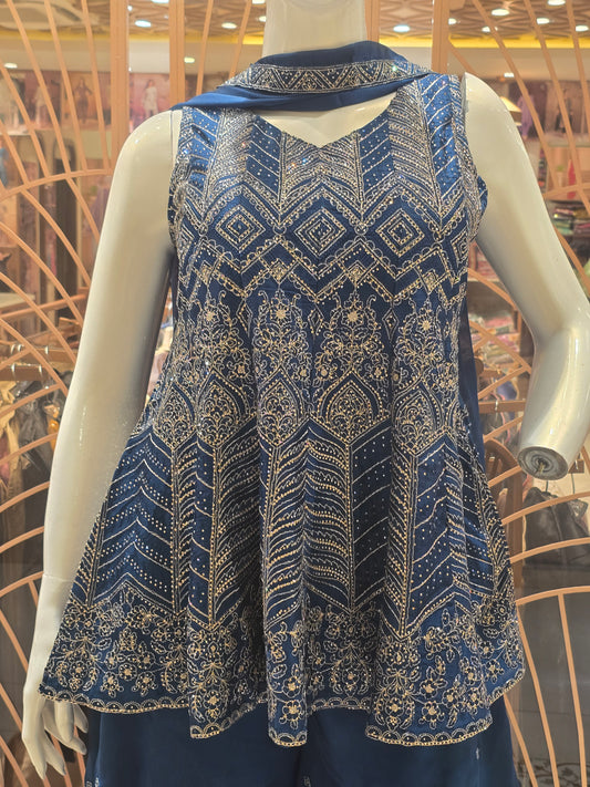 Women Teal Blue Semi Silk Sharara Set