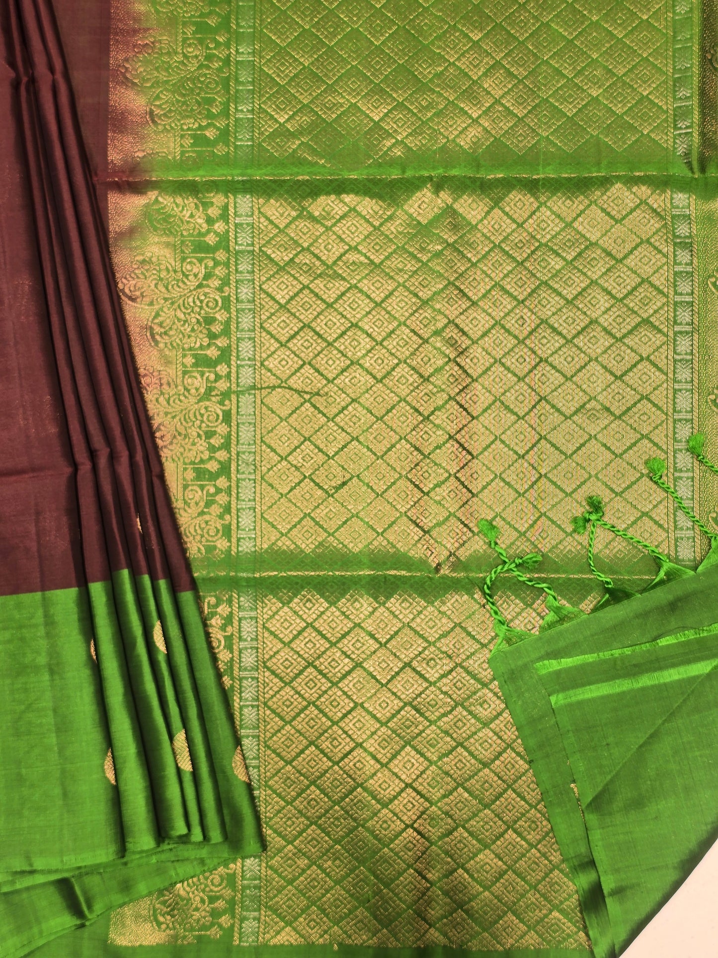Pure Kanjivaram brown with green color soft silk with fancy border
