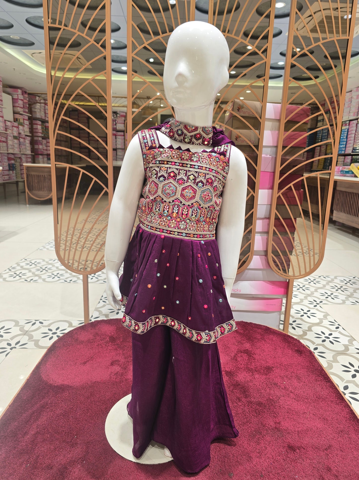 Girls Wine Crepe Sharara Set with Multicolour Embroidery