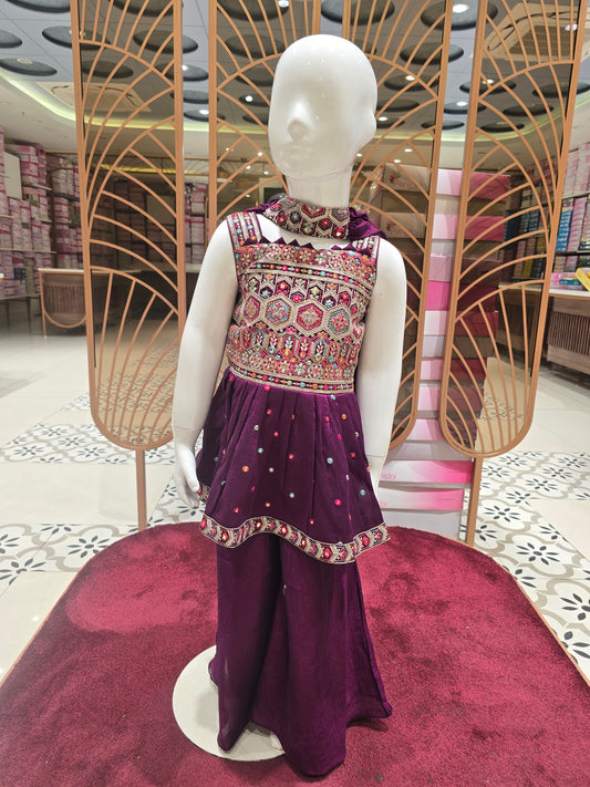 Girls Wine Crepe Sharara Set with Multicolour Embroidery