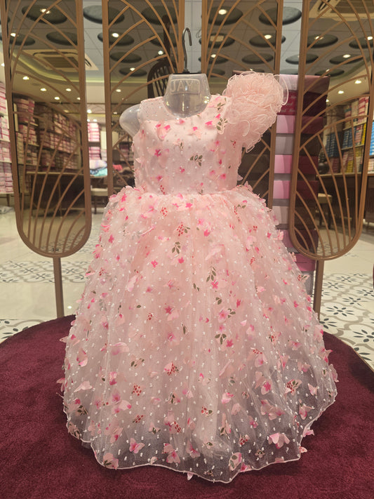 Girls Baby Pink Organza Butterfly Cut Gown