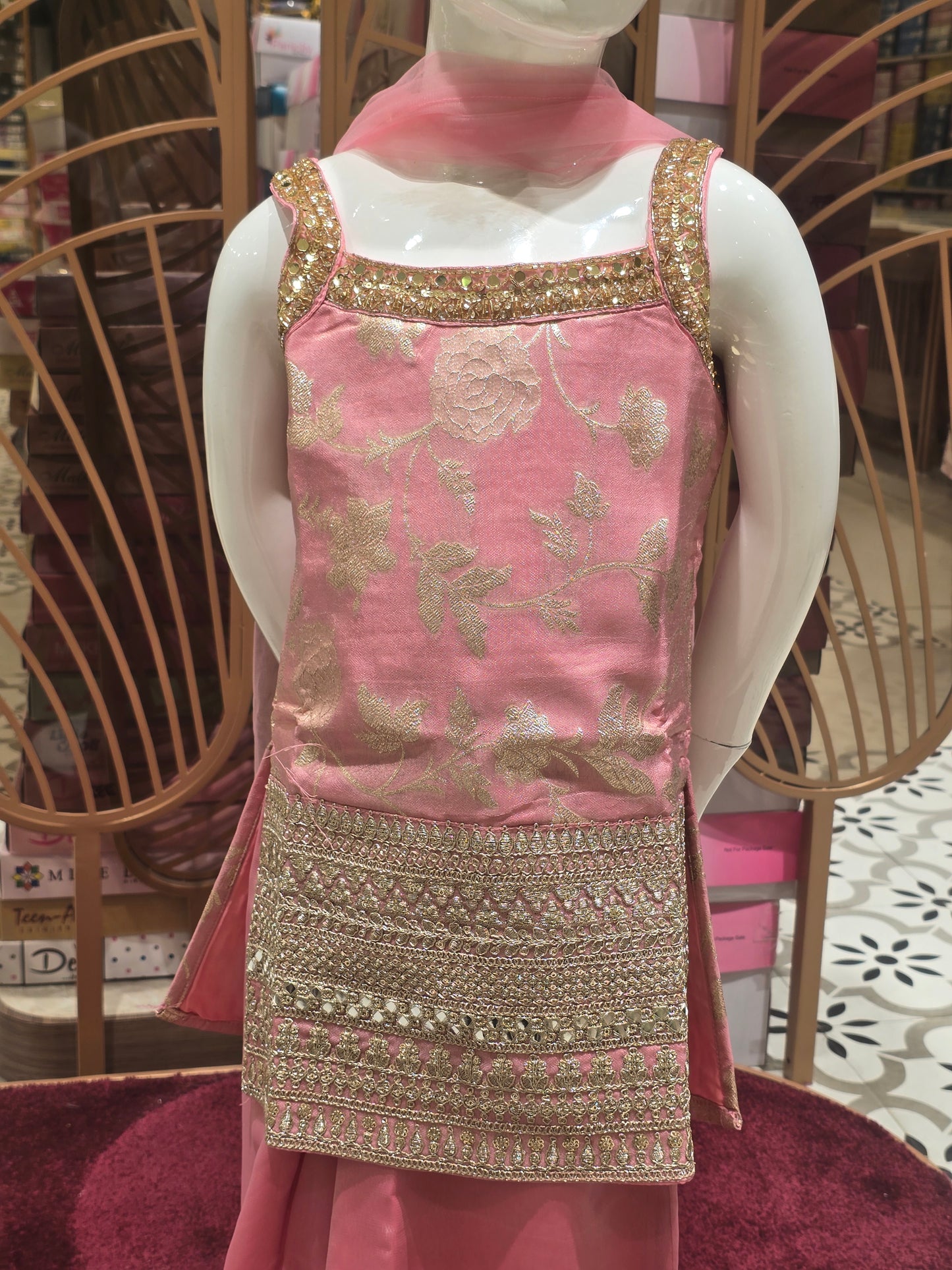 Girls Baby Pink Banarasi Sharara Set with Mirror Handwork