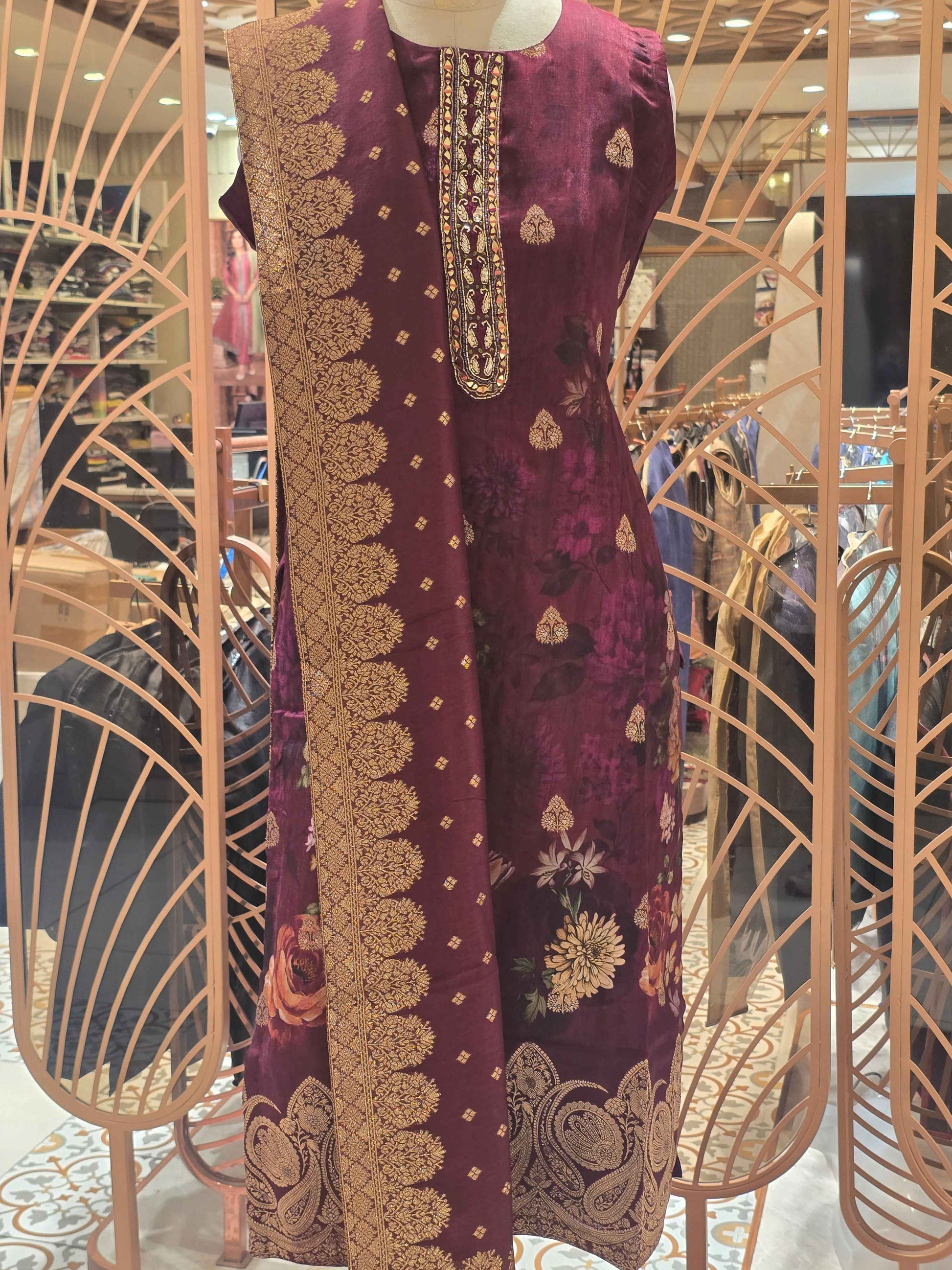 Banarasi material brown color kurta set with round neck