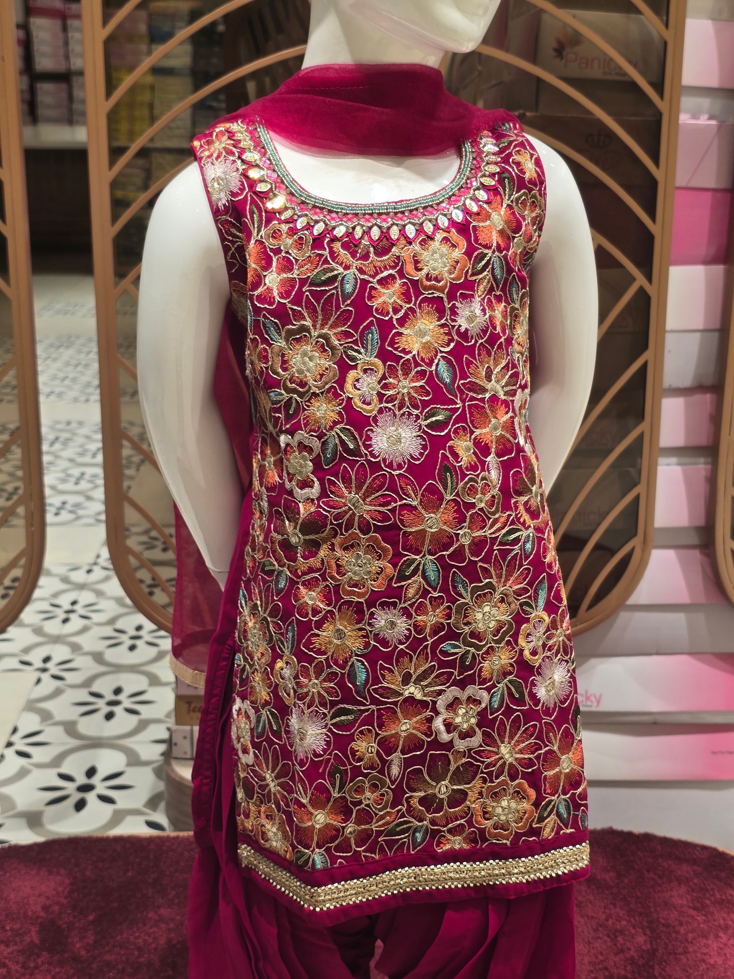 Girls Cherry Red Chiffon Patiala Set with Multi-Color Floral Embroidery (Size 24 | 4-5 Years)