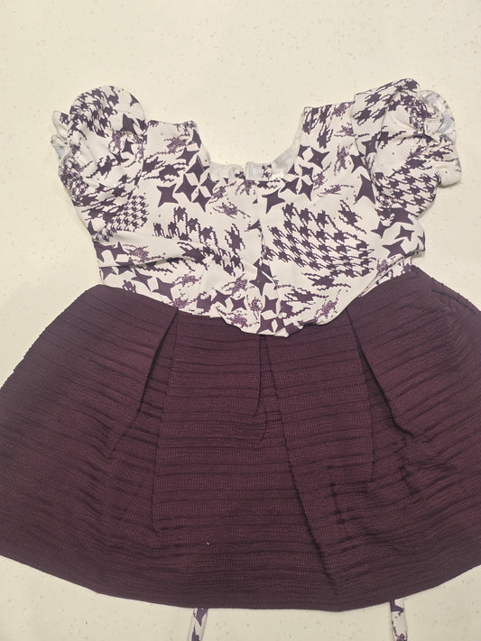 Cotton material white with wine color baby frock with buff Sleeve