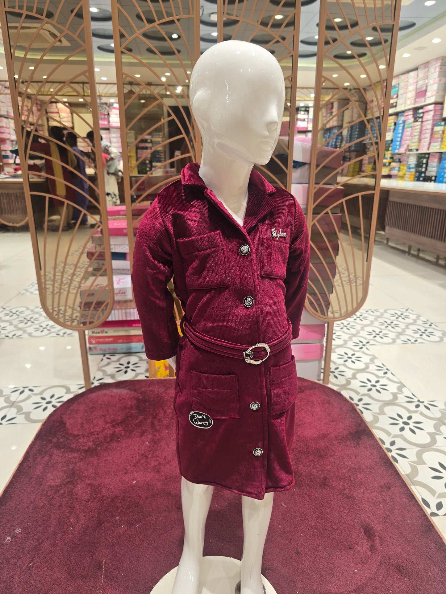 Maroon Corduroy Western Frock Set with Belt & 4 Pockets (3-Piece Set)