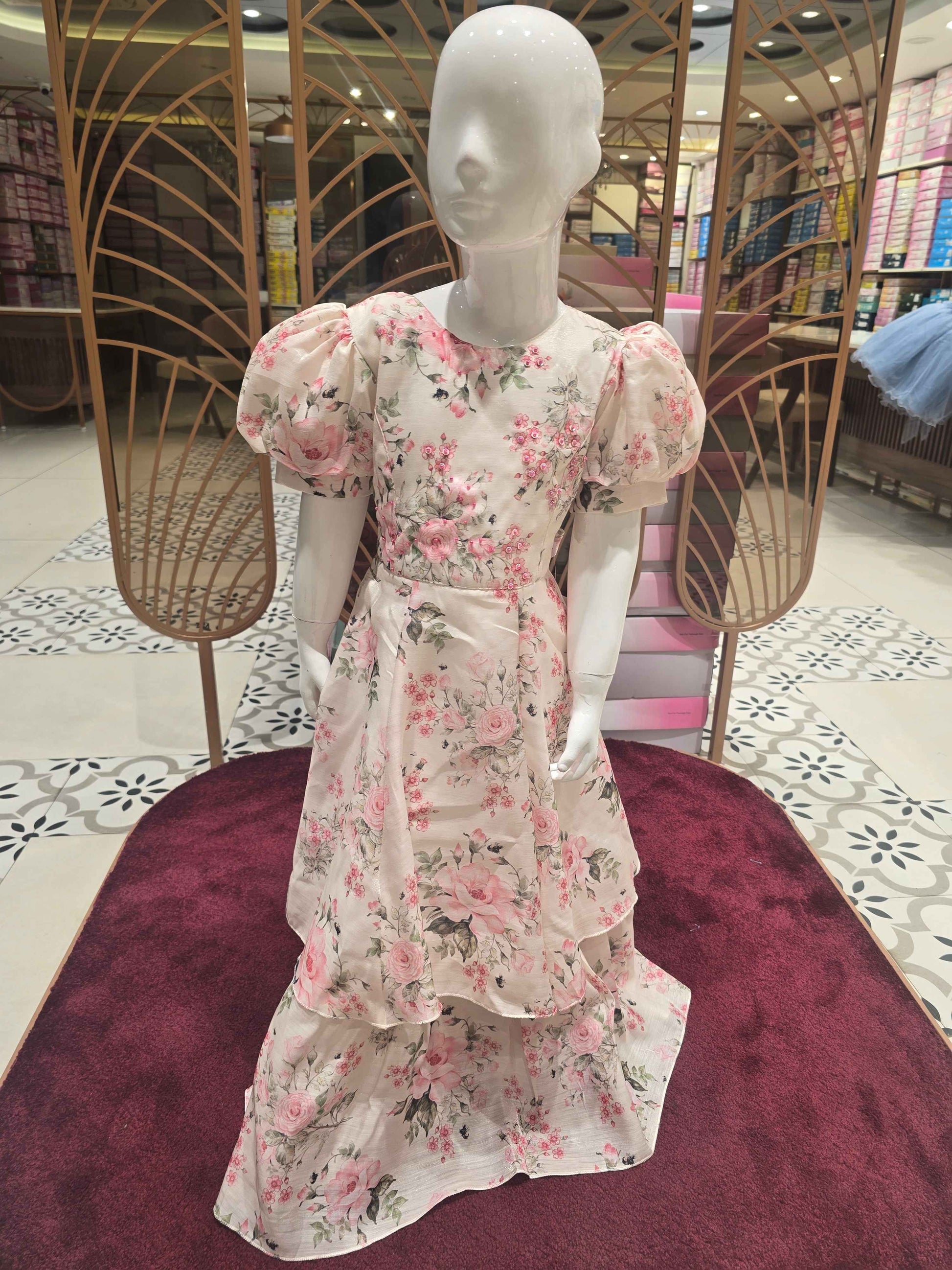 Printed satin material white based  floral prints with beats and buff Sleeves