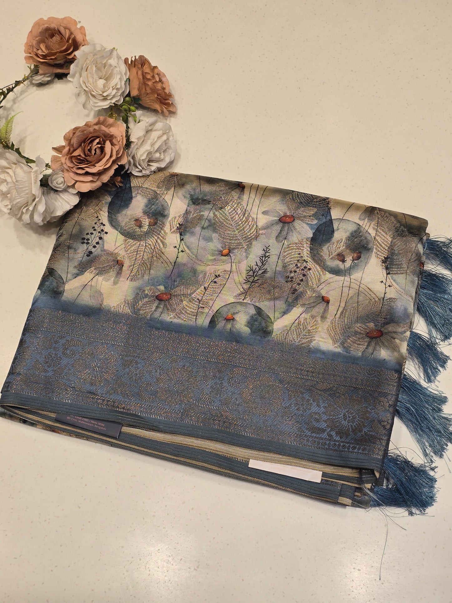 Dolla silk with zari motif and digital print , Traditional border