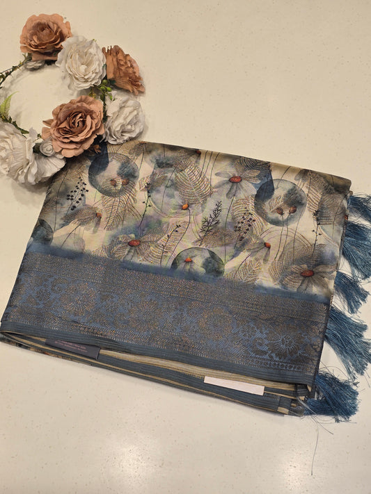 Dolla silk with zari motif and digital print , Traditional border