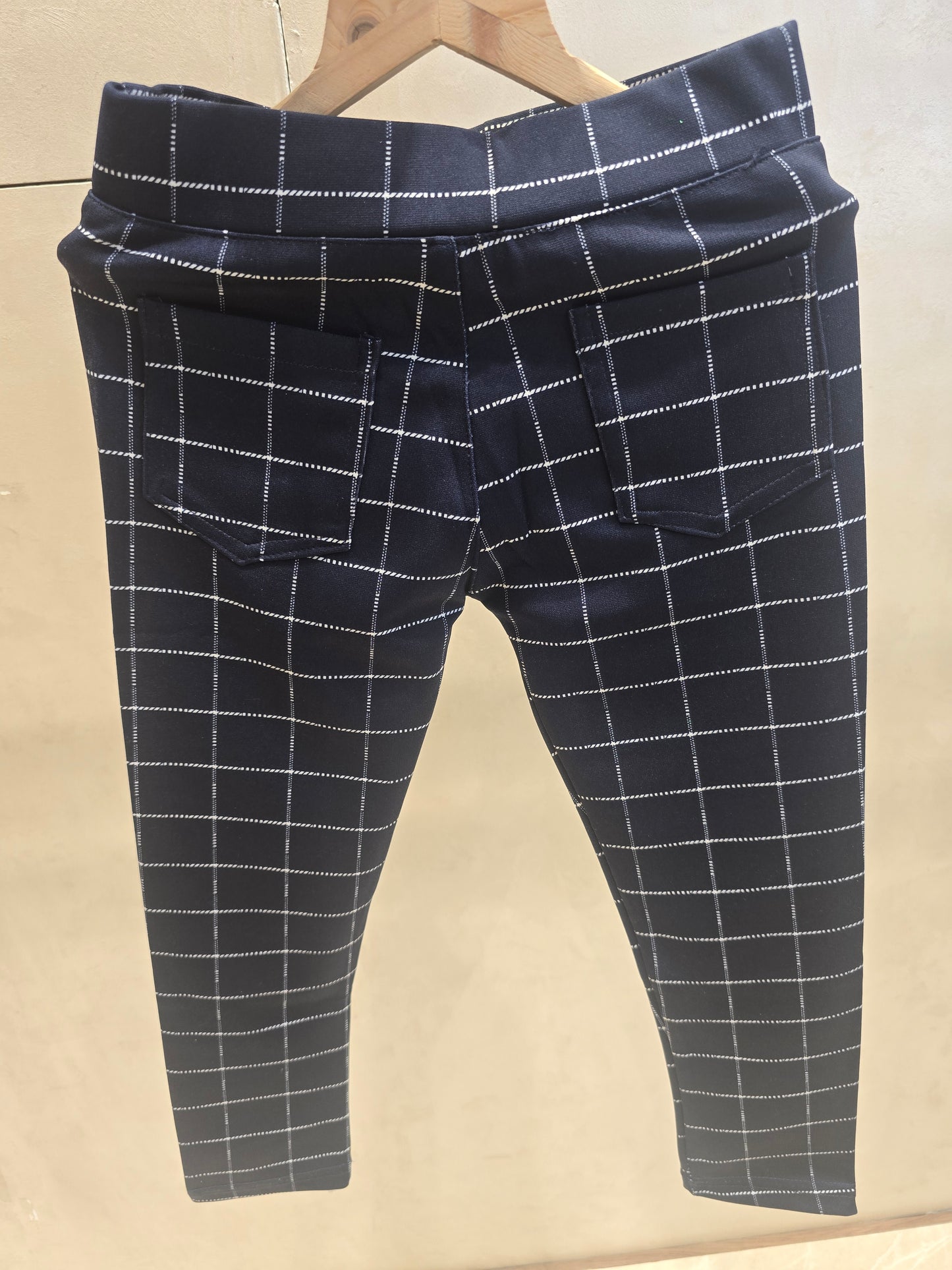 Girls Lycra Cotton Stretchable Jeggings in Dark Blue with Checked Pattern for Summer Casual Wear