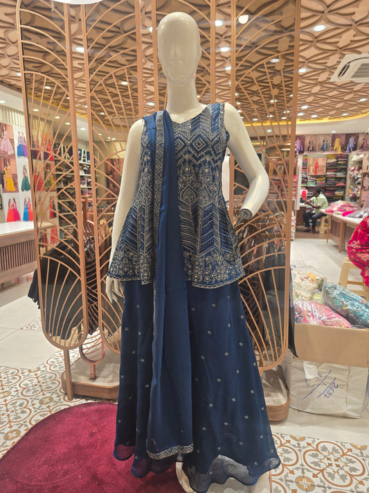 Women Teal Blue Semi Silk Sharara Set