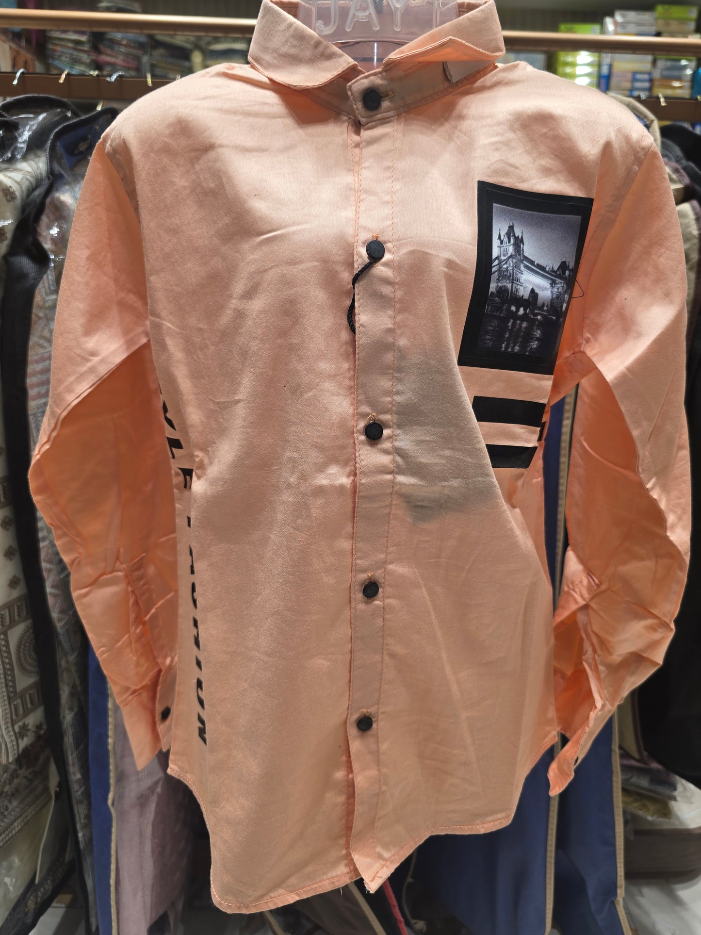 Boys Peach Cotton Shirt with Rubber Print and Foldable Sleeves