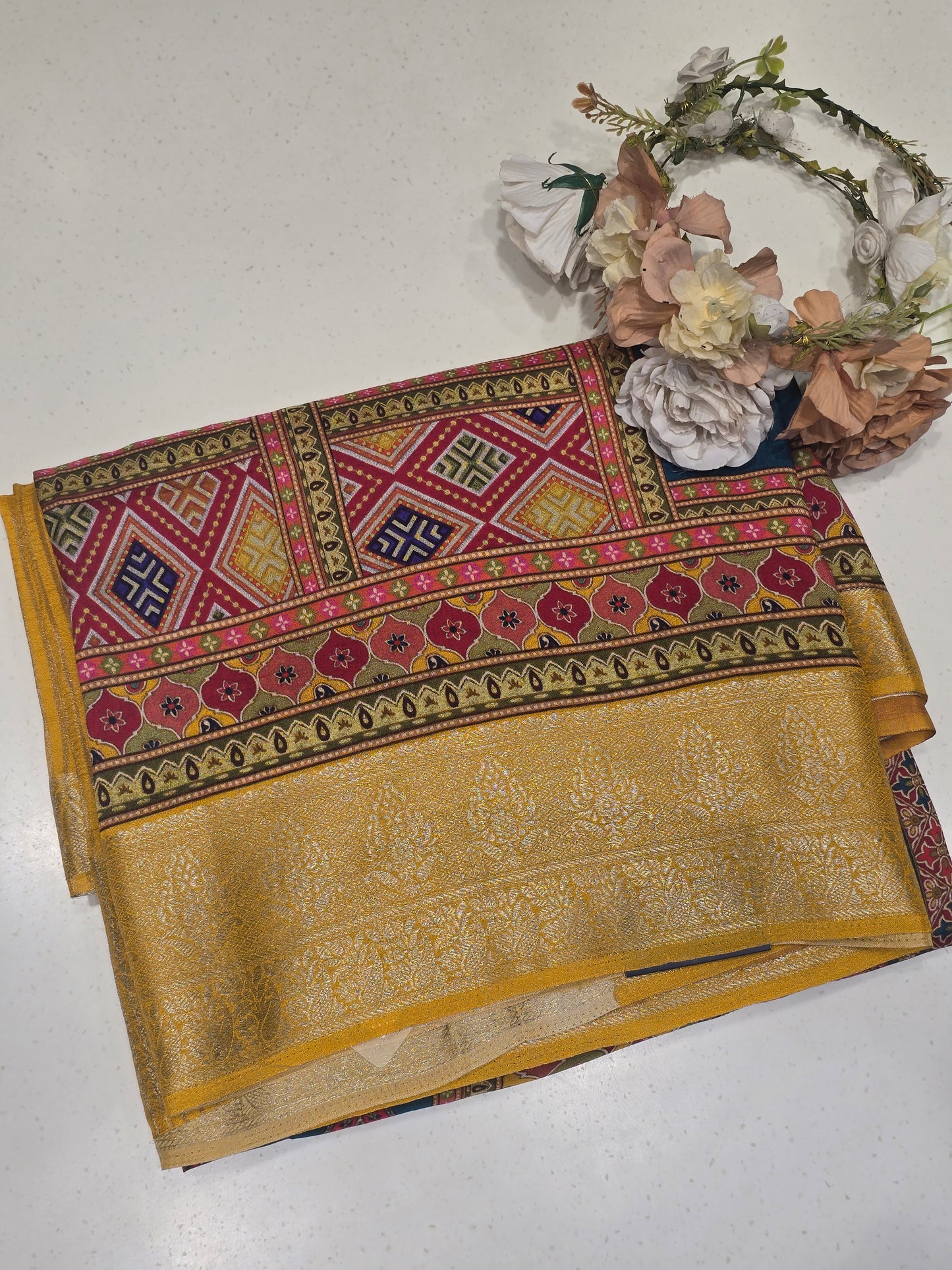 Semi Crepe Printed Silk Saree with Banarasi Border and Contrast Butta Blouse | Festive & Party Wear