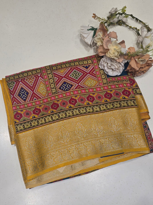 Semi Crepe Printed Silk Saree with Banarasi Border and Contrast Butta Blouse | Festive & Party Wear