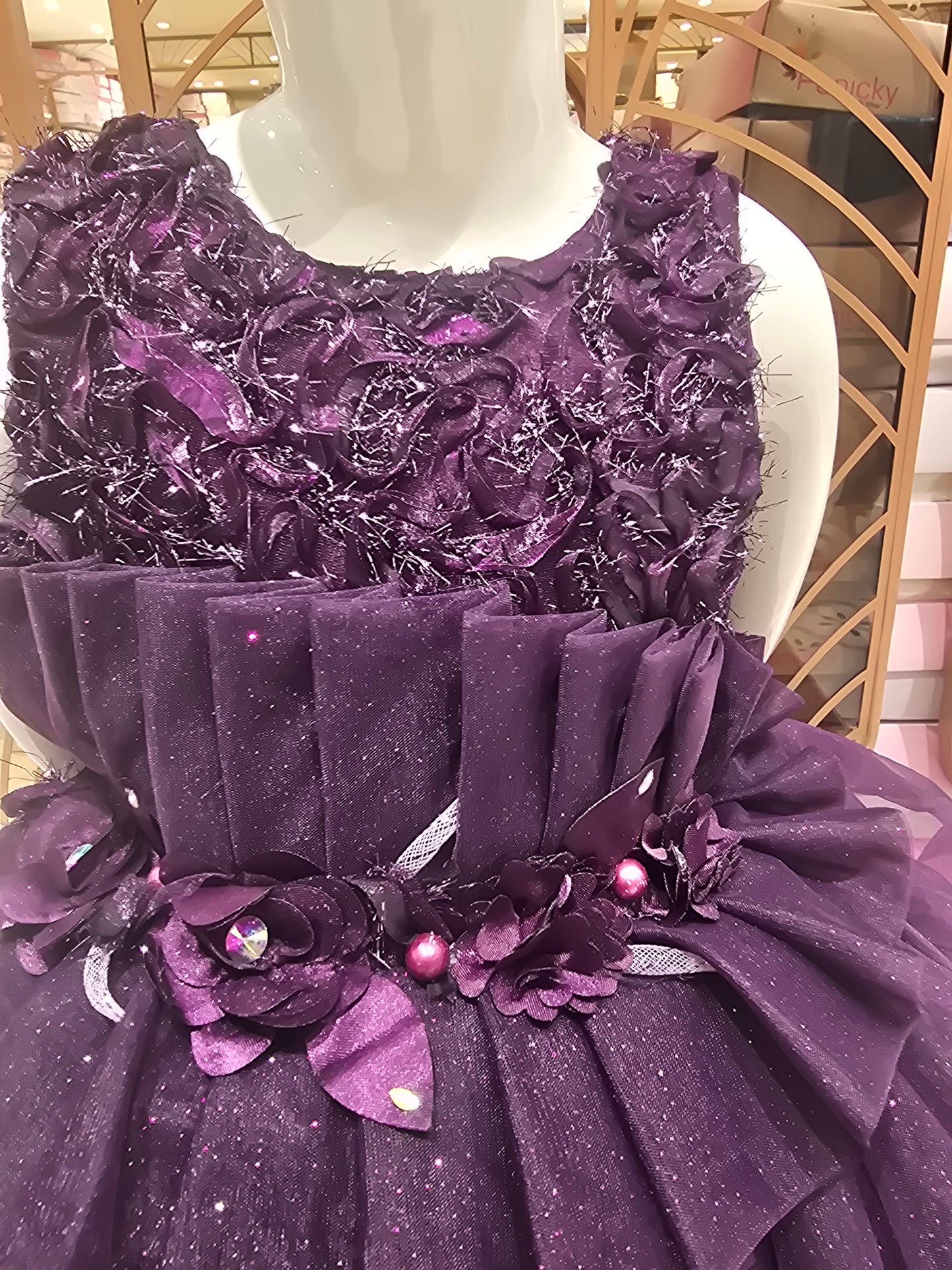 Purple Thelcut Partywear Net Frock with Shimmer Fabric & Sequin Work – Sleeveless Kids Party Dress