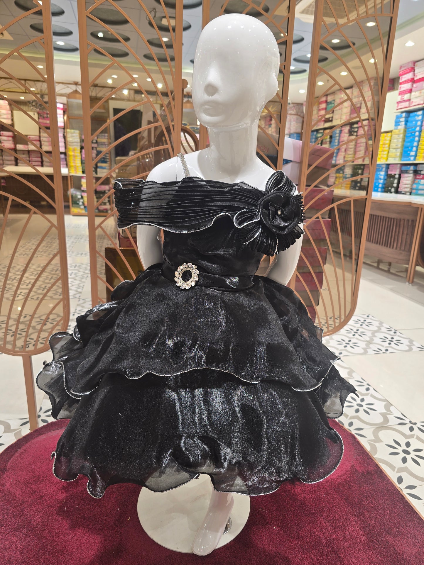 Black Organza Partywear Frock for Girls – Layered Ruffle Design with Elegant Belt