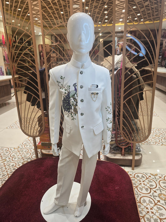 Pure White Satin Crepe Prince Suit with Peacock Rubber Prints, Brauch & Pocket Block Design (Kids Indo-Western)
