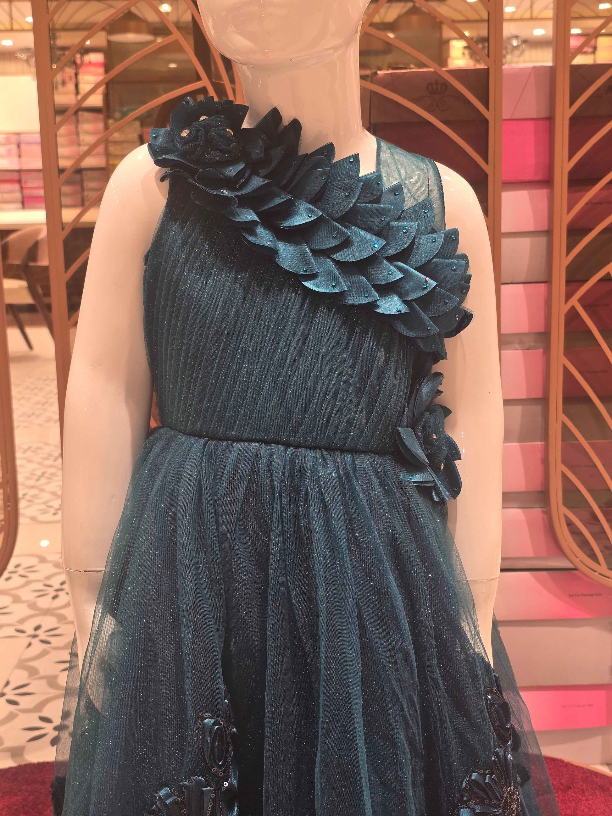 Girl Peacock Blue Glitter Knitted Western Gown