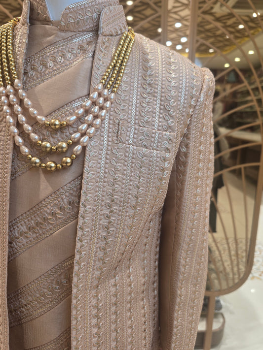 Peach Colored Silk Junior Ethnic Indo-Western with Leaf Line Embroidery & Silver Zari – 3 Layer Maala