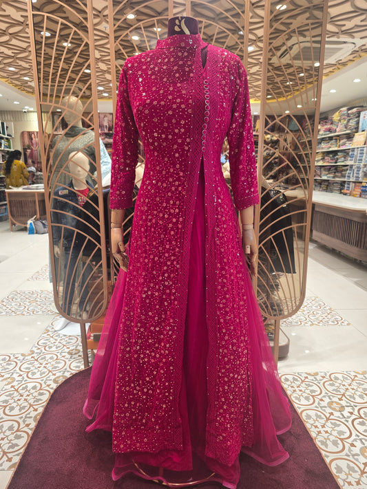 Women’s Net Party Wear Gown in Cherry Color with Micro Sequins Flower Embroidery Work, Front Cut I-Neck Design for Wedding and Festive Occasions