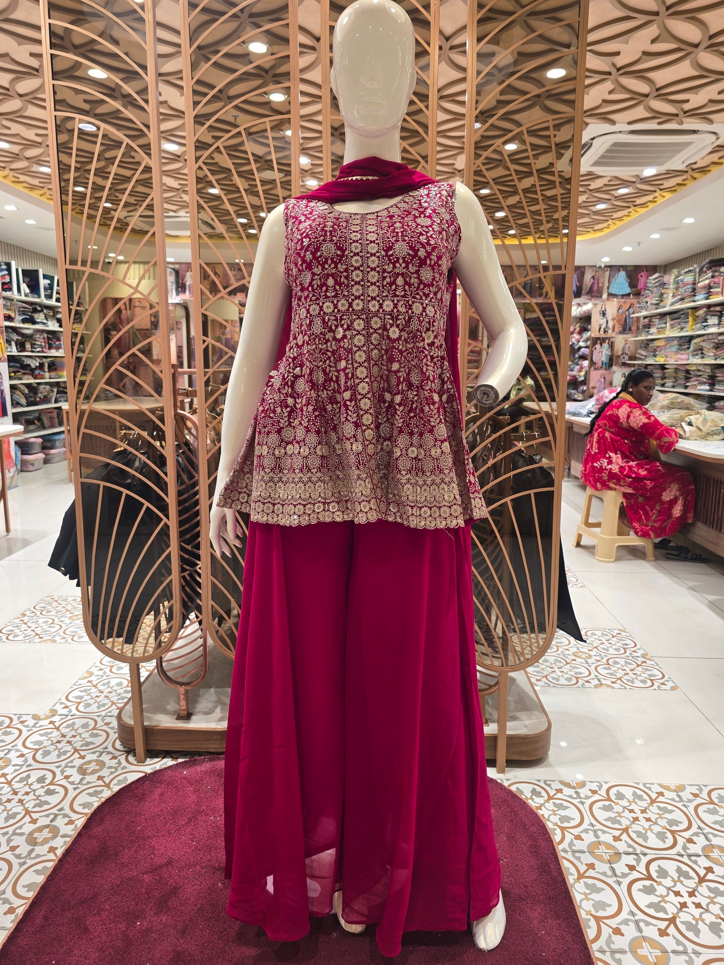 Women Pink Chiffon Silver Embroidered Sharara Set