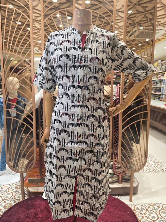 Women’s Rayon Straight Kurta in White Base with Black and Grey Printed Pattern, Collar Neck and Full Sleeves for Daily Wear
