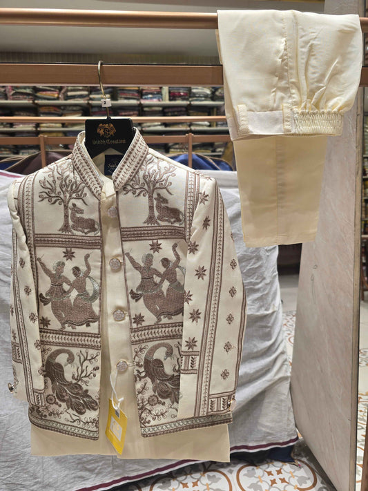 Boys Half White Dupion Silk Indo-Western Set with Mala