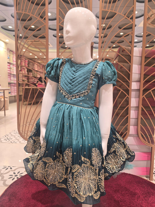 Girls Crush Silk Short Frock with Polka Print and Zari Border