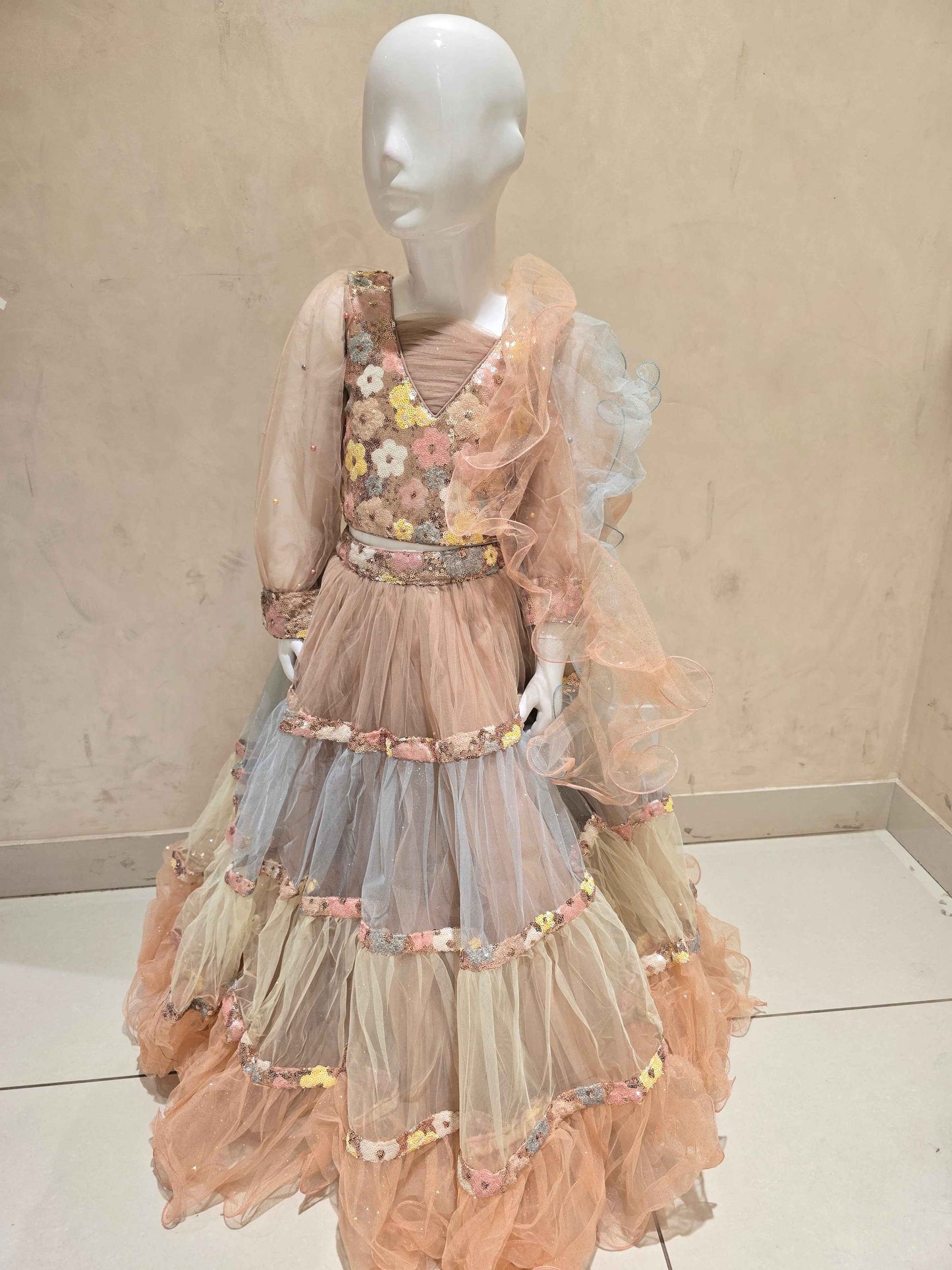Multi Colour Knitted Bridal Lehenga Set for Girls