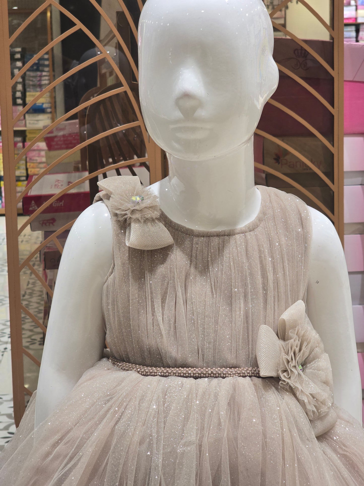 Girl Chikoo Glitter Knitted Party Wear Short Frock