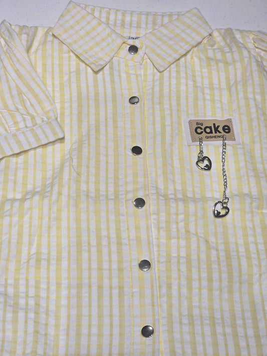 Pastel Yellow & White Striped Cotton Button-Down Shirt for Girls