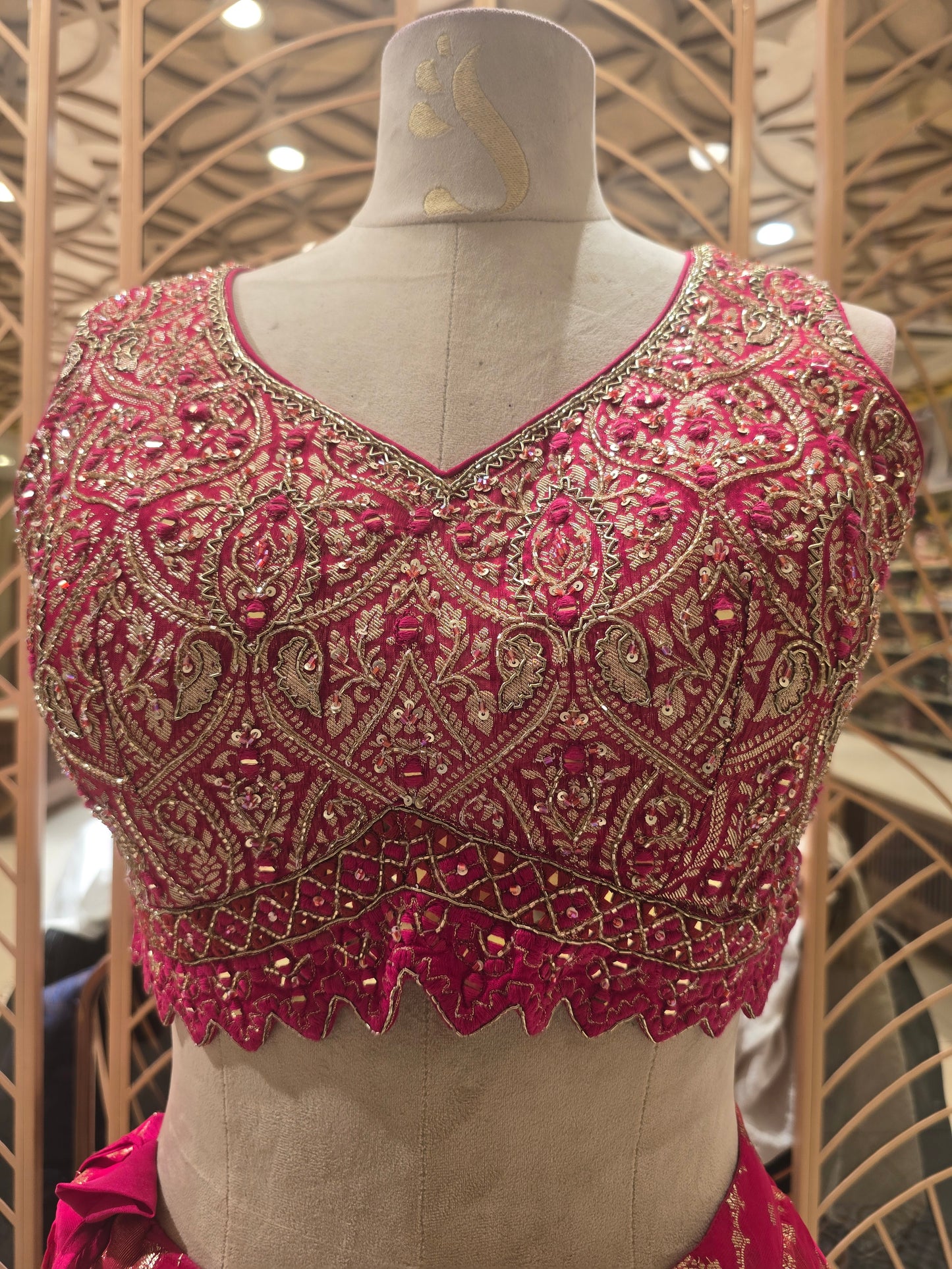 Pink Jokhad Banarasi Lehenga with Diamond Stonework & V-Neck Arya Work Blouse | Banarasi Dupatta