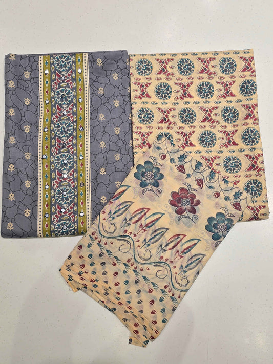 Three-Piece Semi-Cotton Unstitched Dress Material Set with Digital Prints