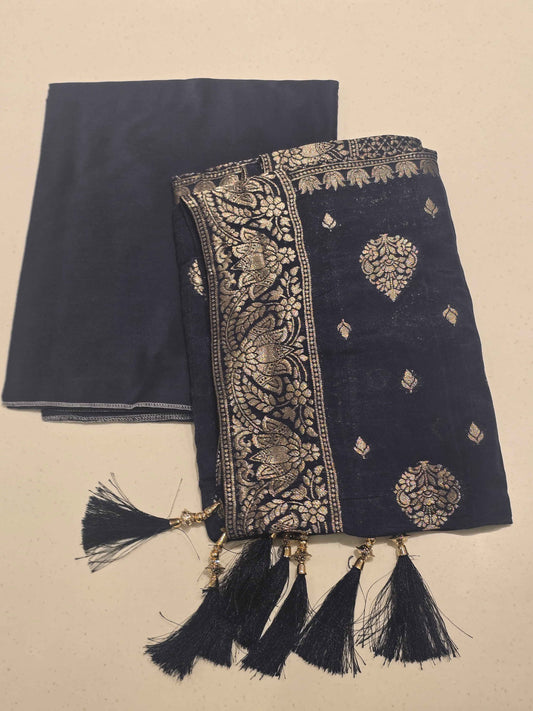 Women Blue Semi Cotton Embroidered Dress Material Set