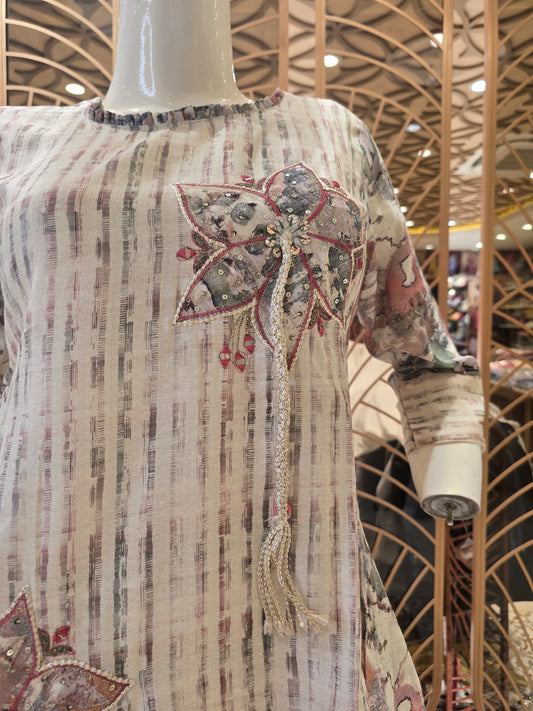 Women’s Rayon Cotton Coat Set in Multi Colored Stripes with Floral Sequins and Thread Work, Round Neck Kurta and Printed Trousers for Daily Wear