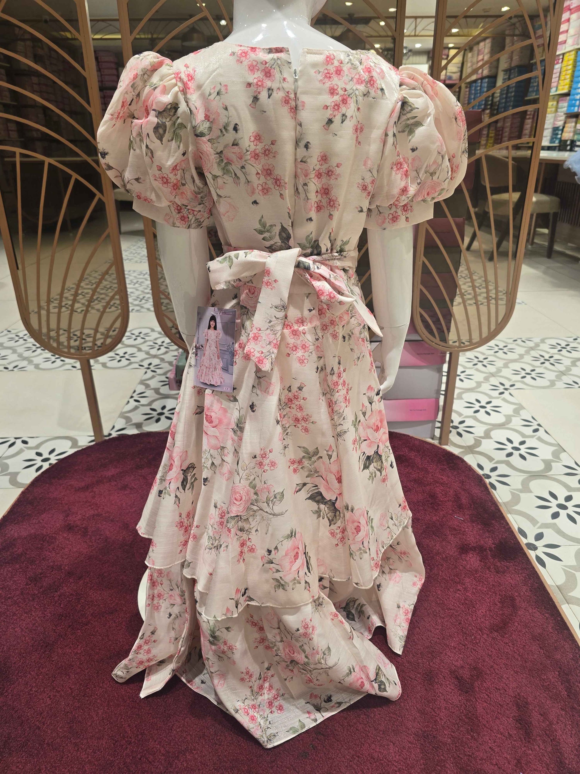 Printed satin material white based  floral prints with beats and buff Sleeves