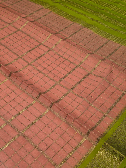 Pure Mysore Crepe Silk Saree in Peach with Contrast Neon Green Border, Pallu & Rectangular Checks