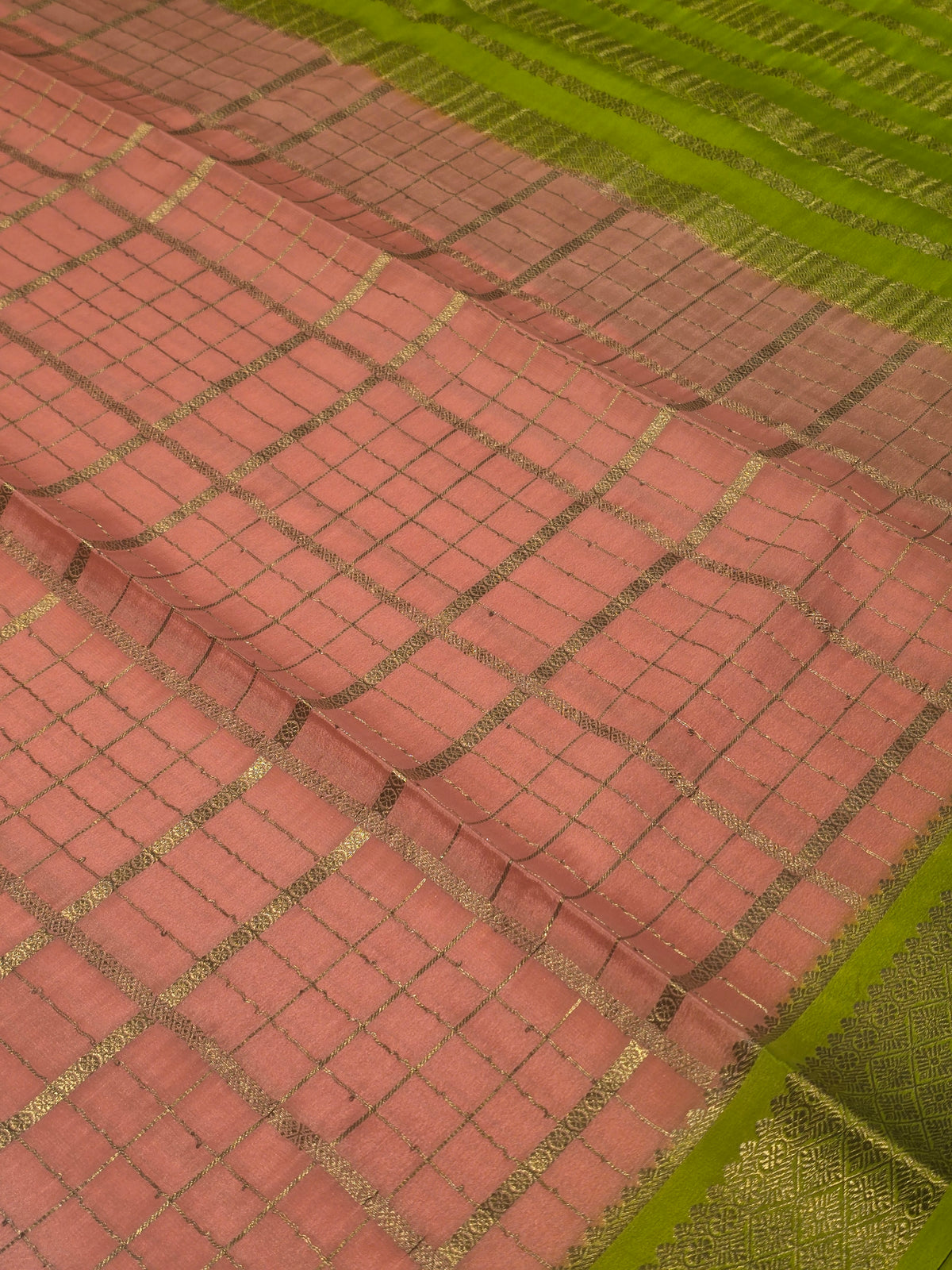 Pure Mysore Crepe Silk Saree in Peach with Contrast Neon Green Border, Pallu & Rectangular Checks
