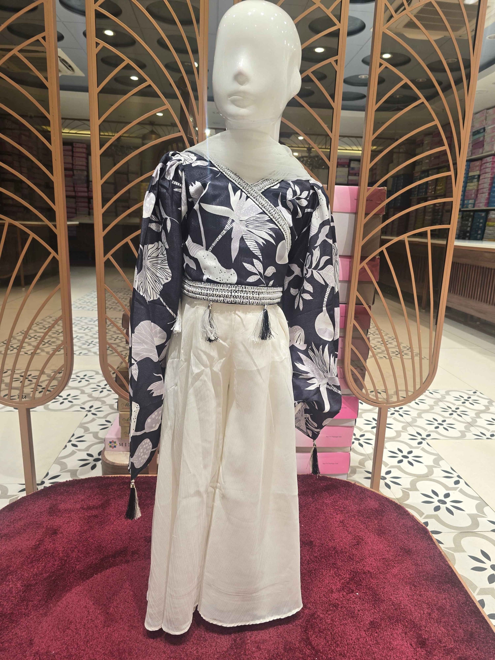 Crepe material black with halfwhite color party wear with bell sleeve