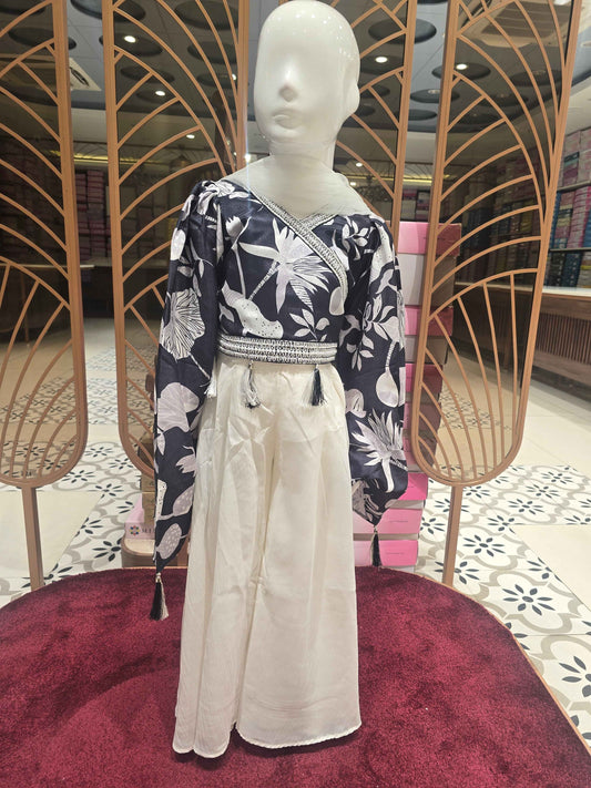 Crepe material black with halfwhite color party wear with bell sleeve