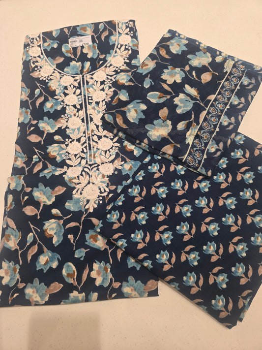 Navy Blue Semi Cotton Dress Material