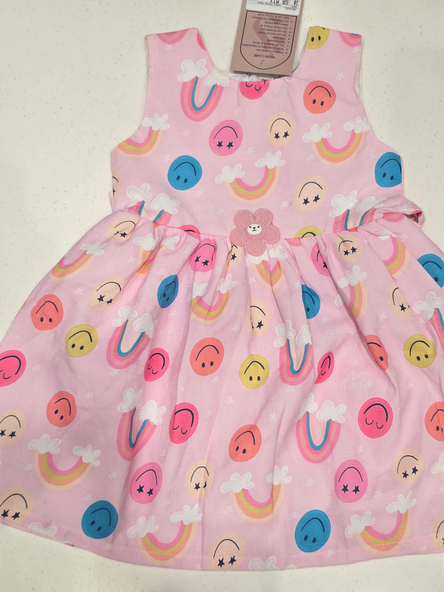 Printed cotton material baby frock with round neck