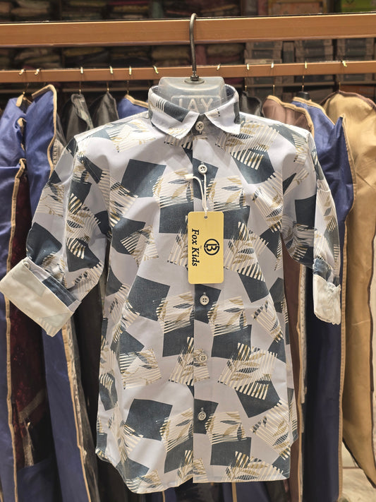 Boy Grayish Blue Square Printed Cotton Shirt