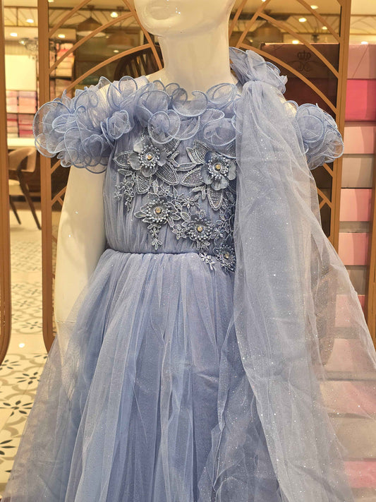 Girl Blue Knitted Cold Shoulder Party Gown