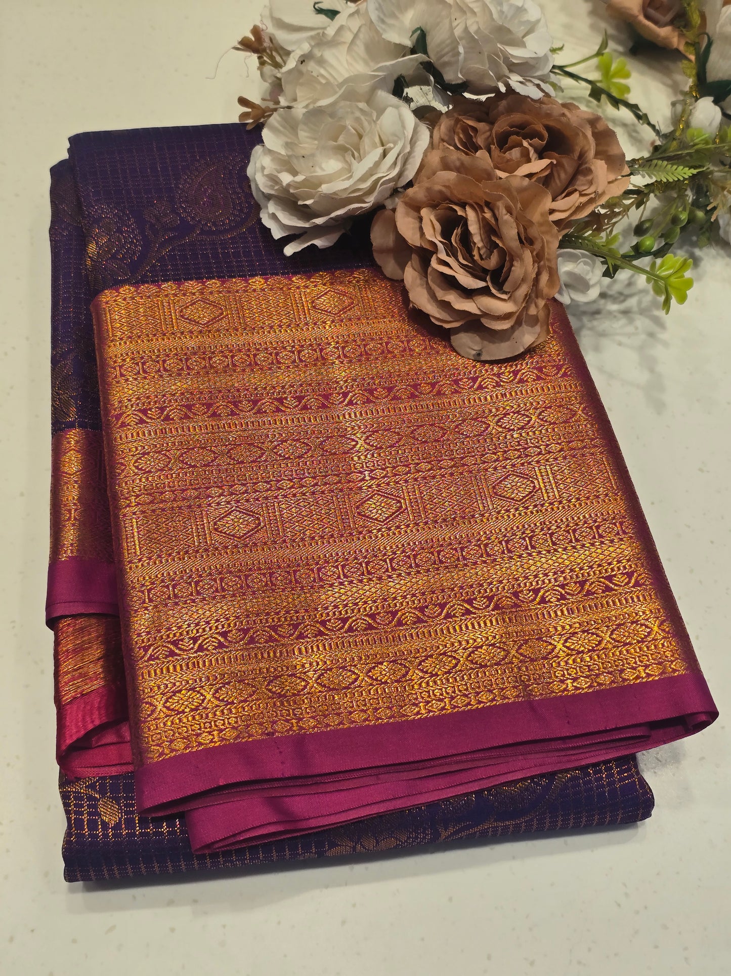 Women Micro Chex Semi Kanjivaram Silk Saree with Kalanjali Design
