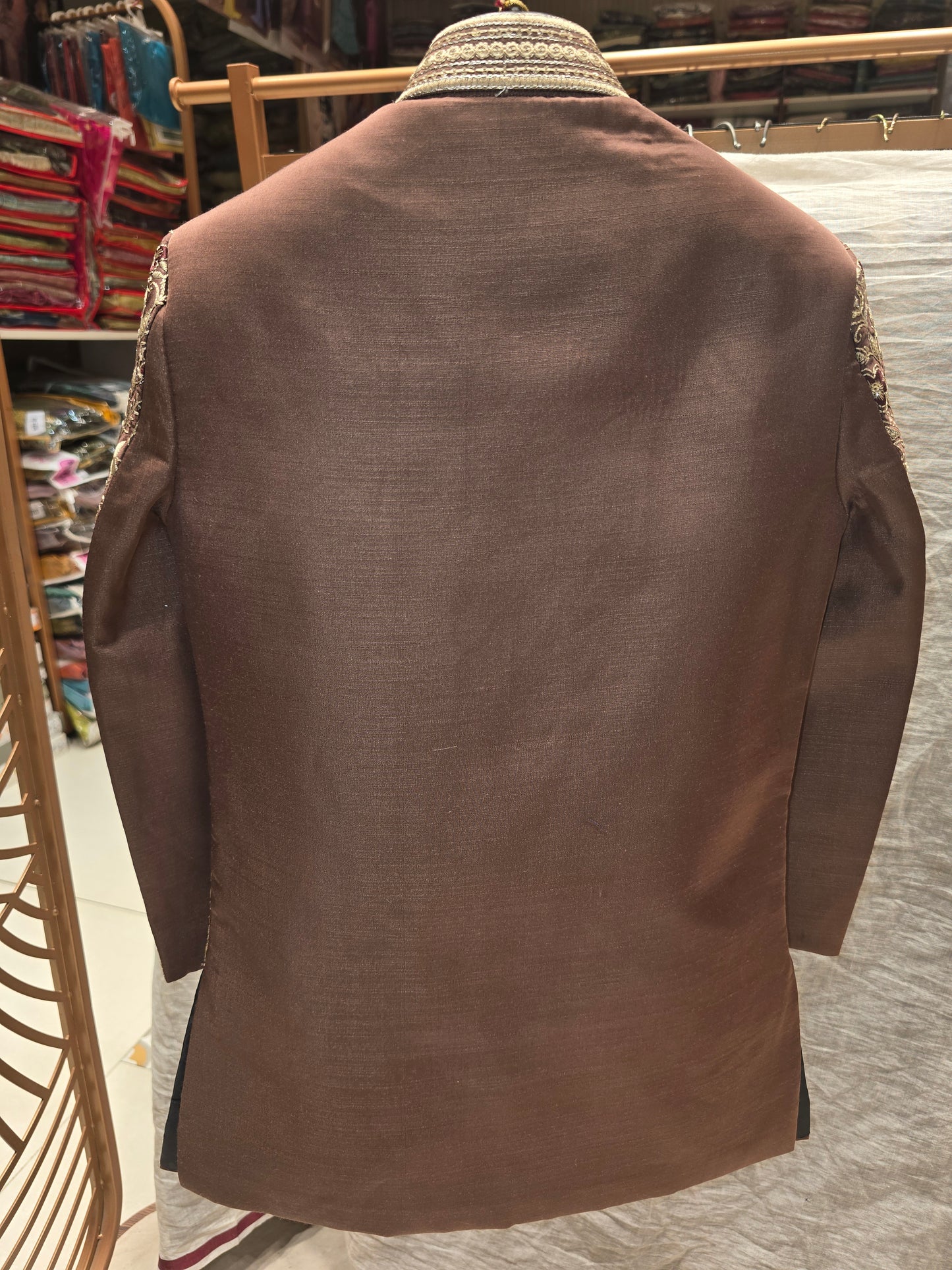 Boys Brown Dupion Silk Indo-Western Set with Thread Embroidery and Micro Sequin Work