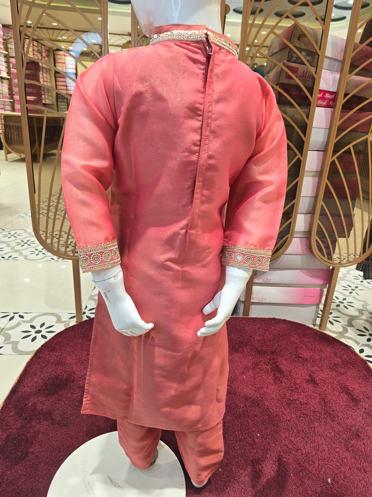 Girls Light Peach Zari Crepe Straight Kurta Set