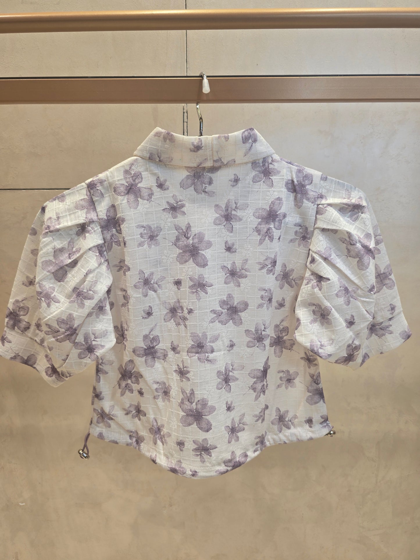 White base lavender printed crepe fabric western top with buf sleeves